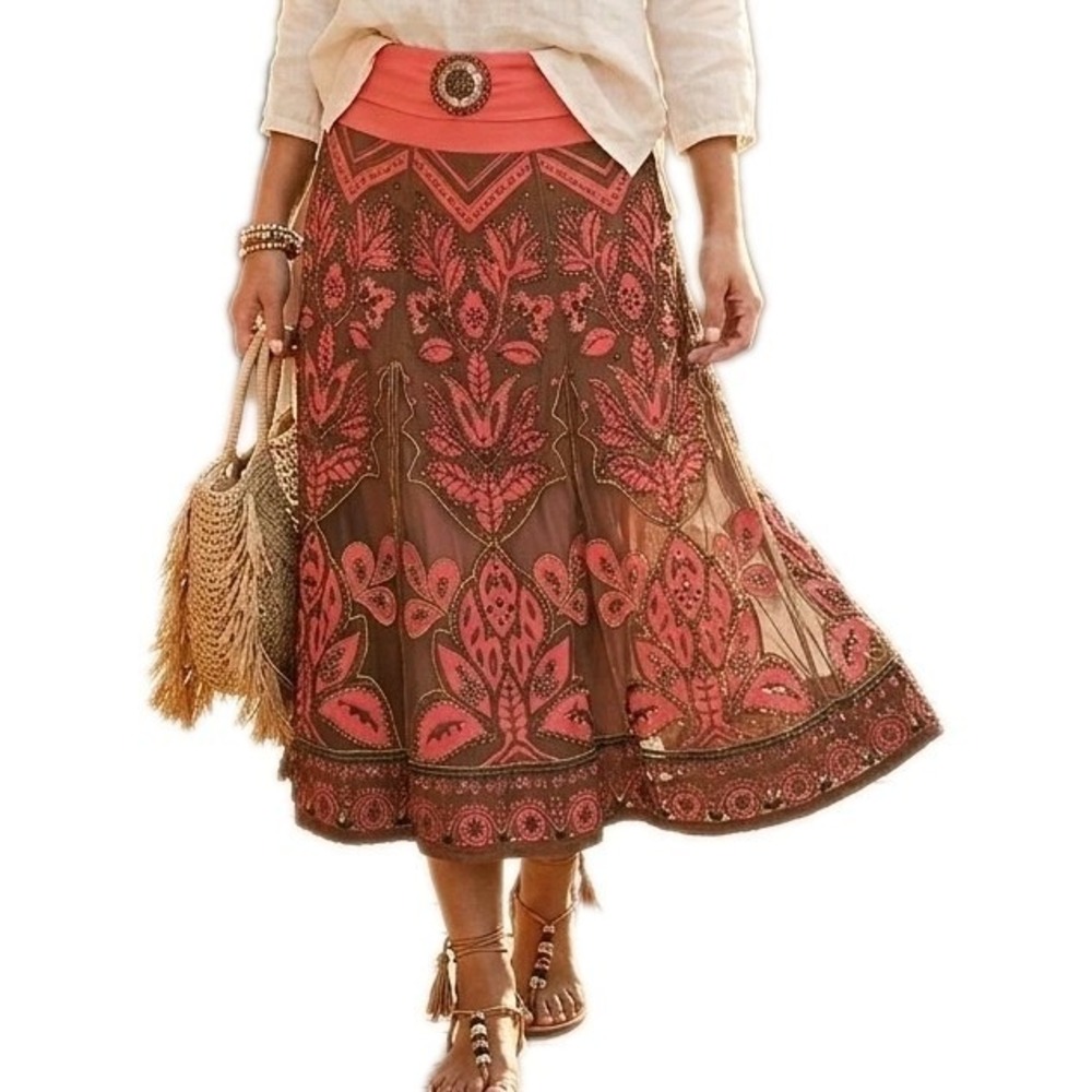 Basil & Maude A-Line Skirt Size 4 Coral Brown Embroidered Beaded Mesh Lined READ